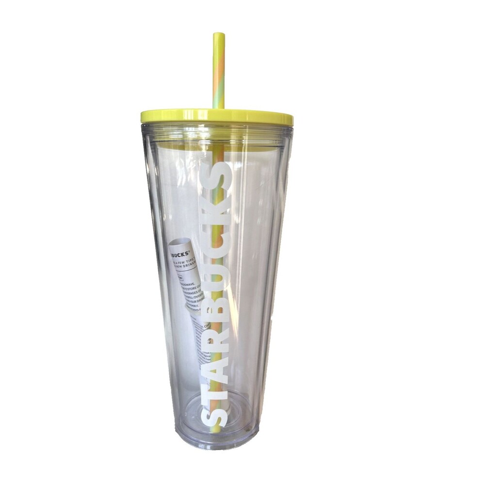 Starbucks Clear Venti Cold Cup Neon Yellow Lid  Logo Tumbler 24oz NEW